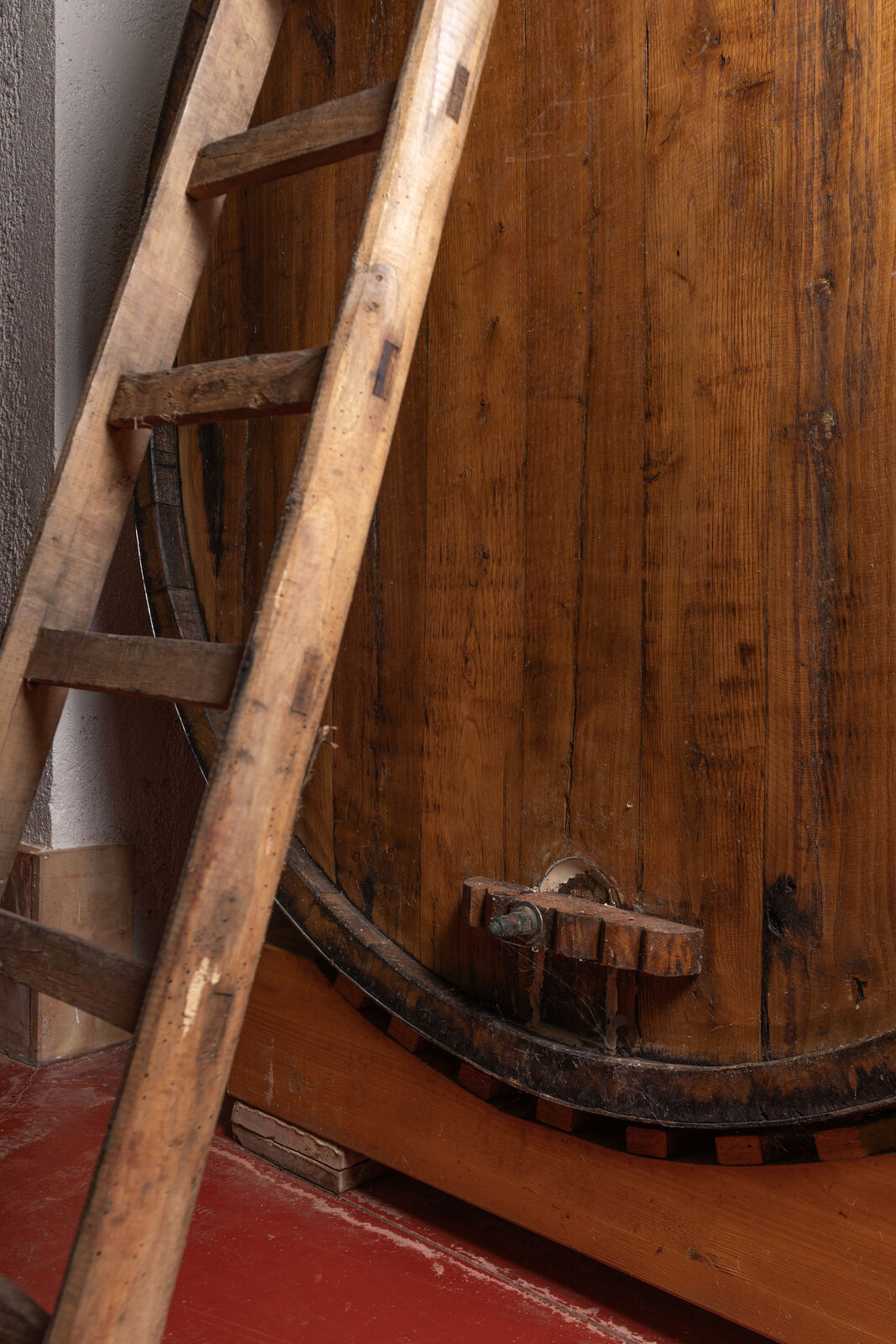 Scala di legno appoggiata a un grande tino nella cantina